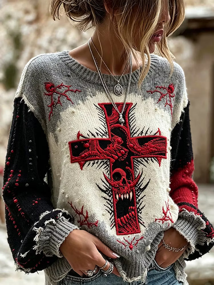 Women's Vintage Worn Frayed Edge Gothic Red Cross Demon Skull Embroidery Long Sleeve Pullover