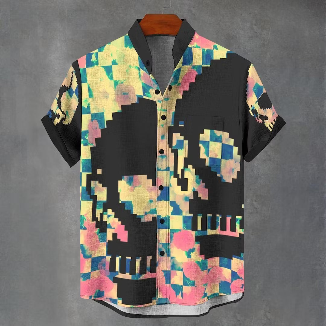 Men's Retro Geometric Color Block  Skull Pattern Linen Blend Short-sleeve Shirt