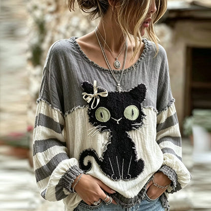 Women's Retro Black Cat Art Crew Neck Comfortable Long Sleeve T-shirt