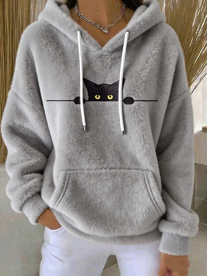 Women's Cute Cat Print Plush Hooded Sweatshirt