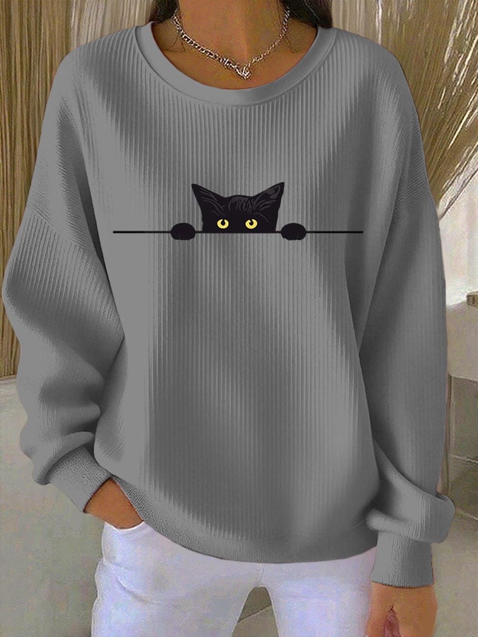 Women's Cat Print Knit Crew Neck Long Sleeve Top