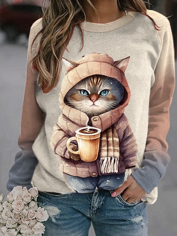 Women's Winter Funny Cute Wonderland Clothing Clipart Cat Coffee Print Sweatshirt
