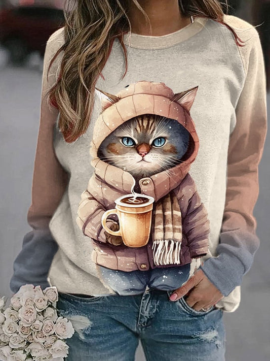 Women's Winter Funny Cute Wonderland Clothing Clipart Cat Coffee Print Sweatshirt