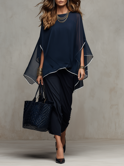 Elegant Navy Sheer Contrast-Trim Batwing Sleeve & Midi Dress Co-ord Set