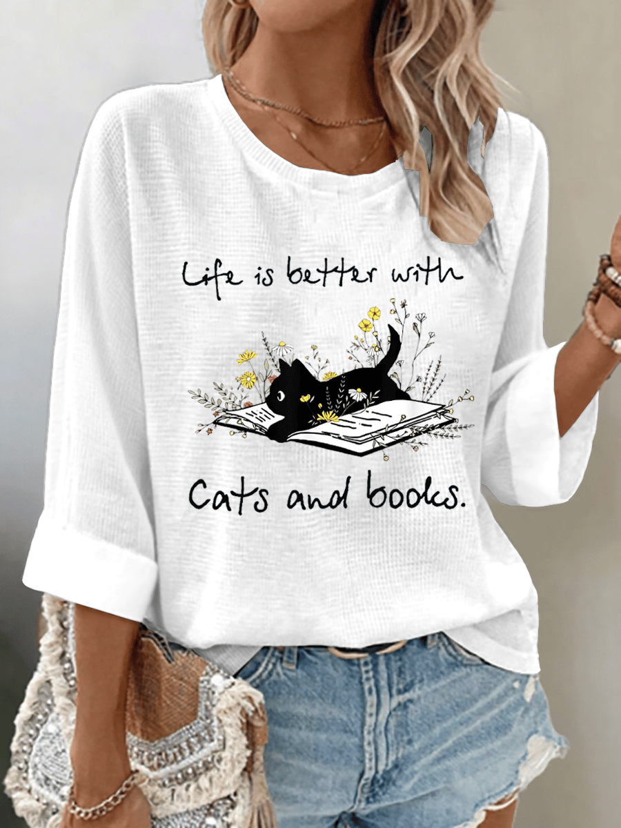 Women's Life Is Better With Cats And Books Print Waffle Fabric 3/4 Sleeve Top