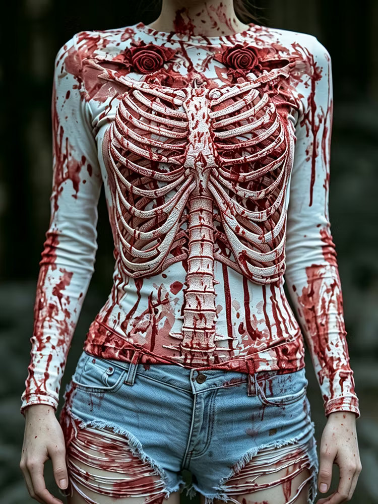 Women's Long-sleeved Crew Neck T-shirt, Decorated With Bloody Skull Ribs And Rose Print.