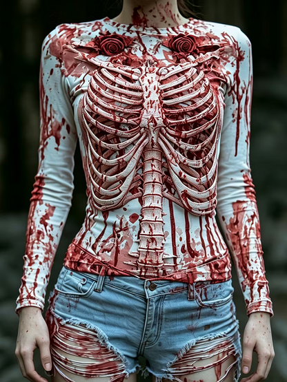 Women's Long-sleeved Crew Neck T-shirt, Decorated With Bloody Skull Ribs And Rose Print.