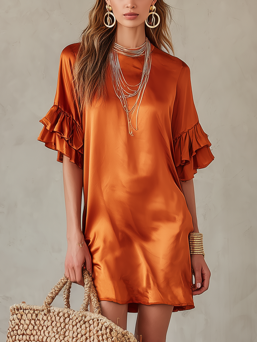 Elegant Rust Satin Ruffle-Sleeve Mini Dress