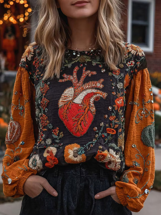 Women's Retro Halloween Heart Floral Embroidery Casual Cotton Linen Long-sleeve T-shirt
