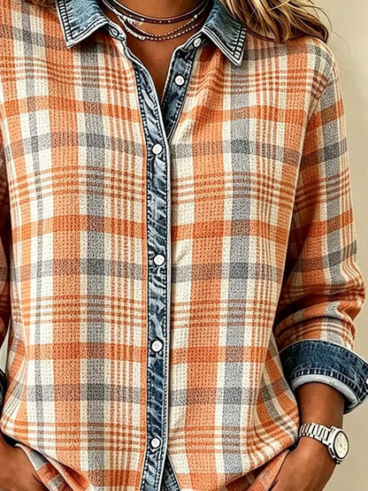 Women'S Casual Denim Patchwork Plaid Shirt