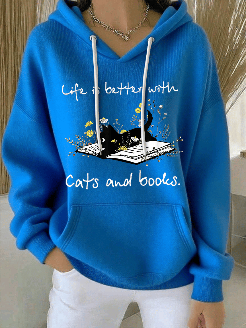 Women's Life Is Better With Cats And Books Print Casual Hooded Sweatshirt