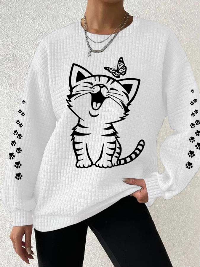 Women's Cute Cat Print Cat Lovers Casual Waffle Sweatshirt