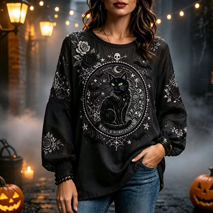 Women's Gothic Style Long-sleeved Casual Shirt With Black Cat And Moon Print, Adorned With Floral Patterns.