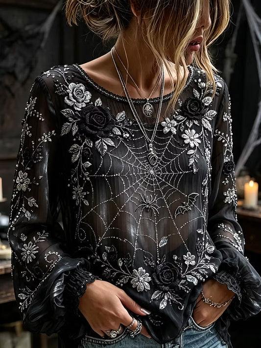 Women's Halloween Floral And Spider Art Black Crew Neck Long Sleeve Top