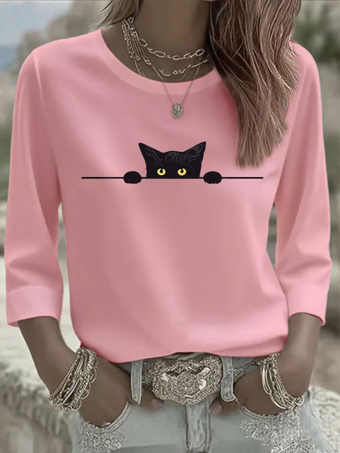 Women's Casual Cat Print Three-Quarter Sleeve T-Shirt