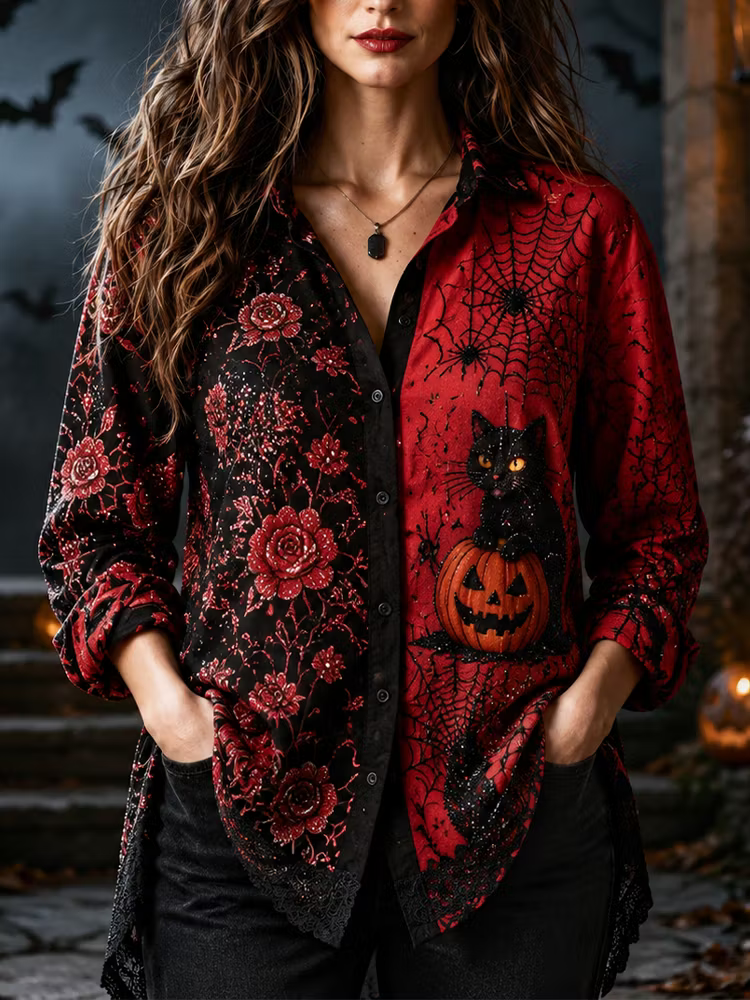 Women's Halloween Gothic Black & Red Split-color Cat, Pumpkin & Rose Button-down Shirt