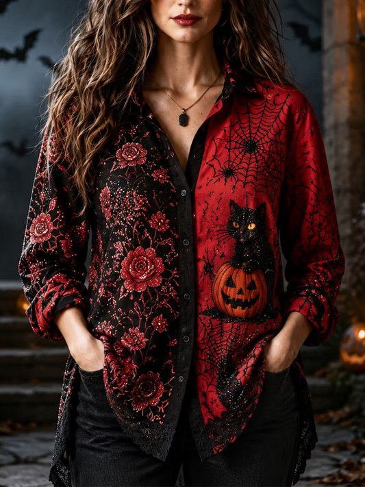Women's Halloween Gothic Black & Red Split-color Cat, Pumpkin & Rose Button-down Shirt