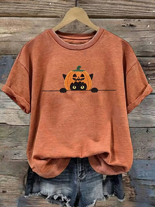 Women's Funny Pumpkin With Black Cat Pattern Casual Halloween T-shirt