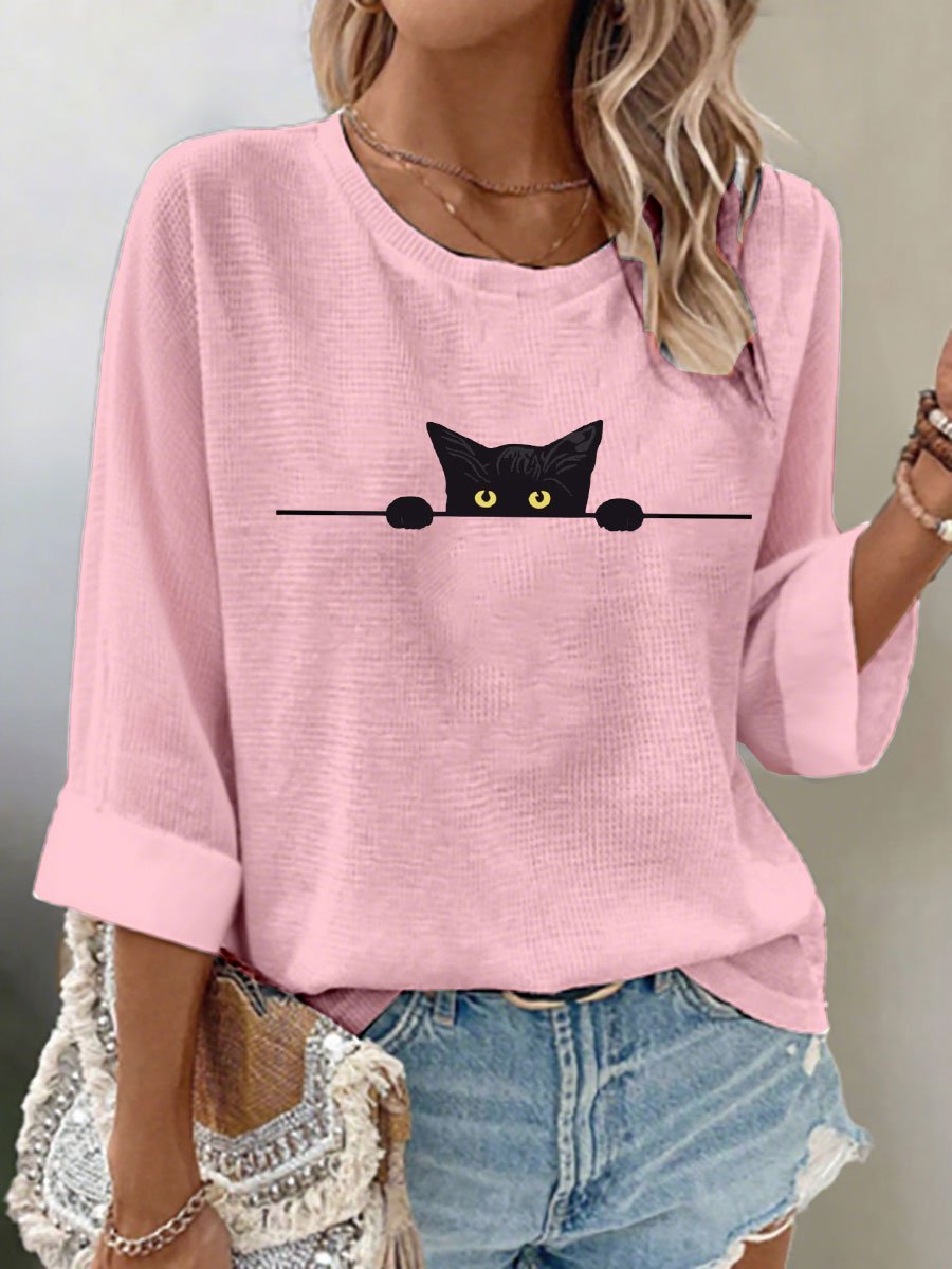 Women's Cat Print Waffle Long Sleeve T-Shirt