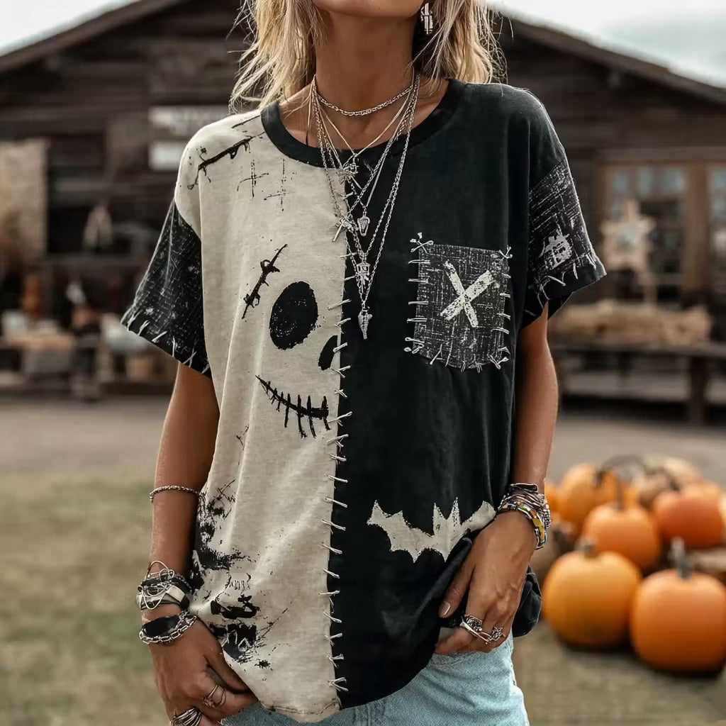 Women's Retro Halloween Scary Smiley Face Color Block Crew Neck T-shirt
