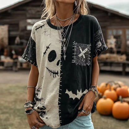 Women's Retro Halloween Scary Smiley Face Color Block Crew Neck T-shirt