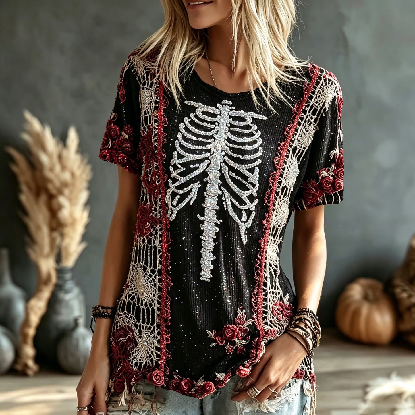 Women's Retro Halloween Bone And Floral Art Embroidery Crew Neck T-shirt