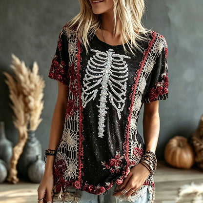 Women's Retro Halloween Bone And Floral Art Embroidery Crew Neck T-shirt