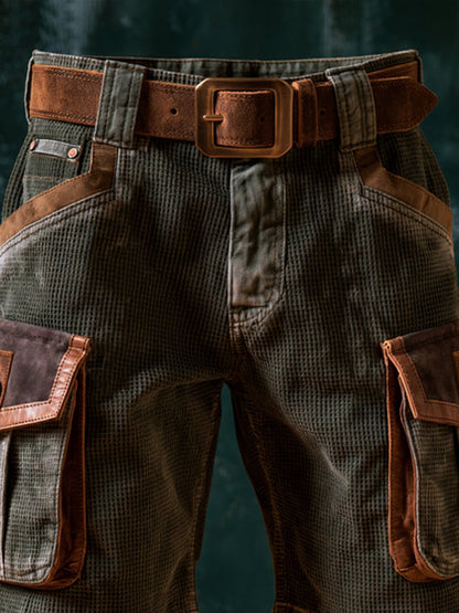 Men's Retro Waffle-Knit & Leather-Panel Print Outdoor Casual Shorts