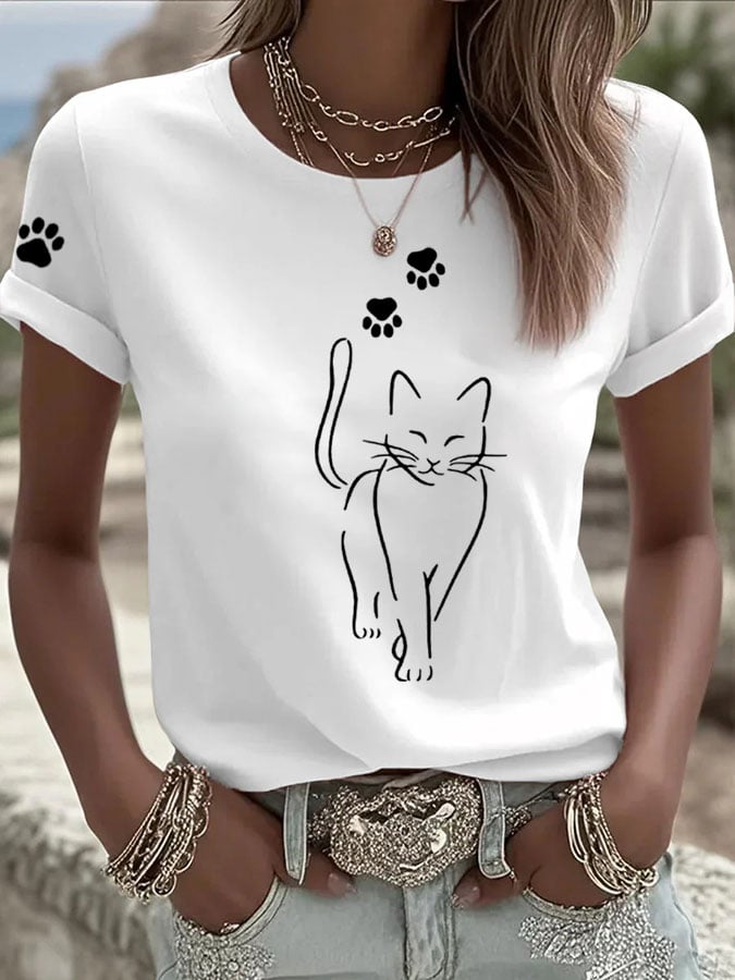 Women'S Cute Cat print Casual T-Shirt