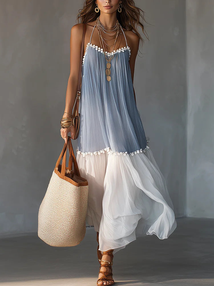Romantic Pom-Trim Chiffon Maxi Dress