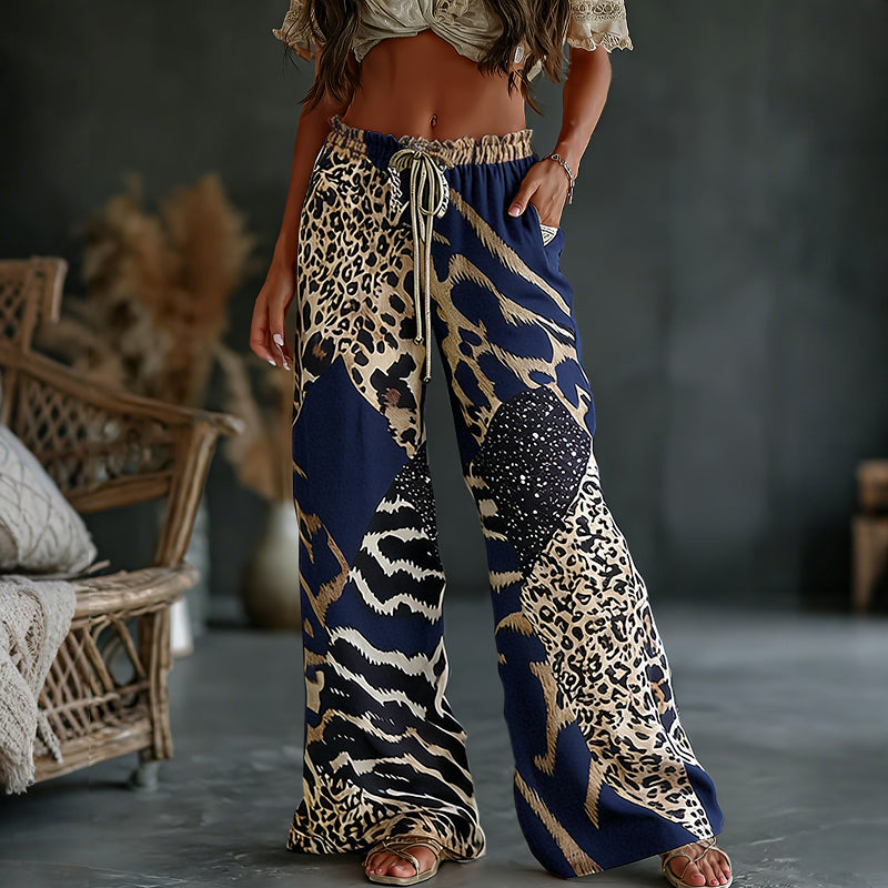 Women's  Leopard And Animal Patchwork Art Print Flowy Linen Blend Casual Pants