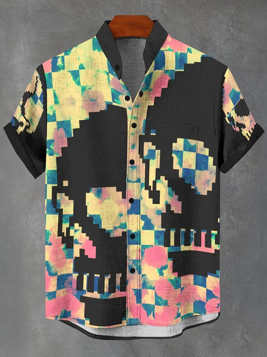 Men's Retro Geometric Color Block  Skull Pattern Linen Blend Short-sleeve Shirt
