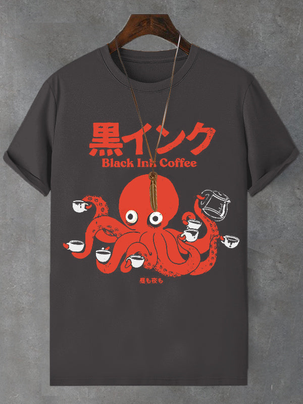 Men's Octopus Coffee Japanese Art Print Cotton Casual T-Shirt