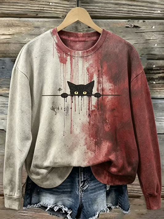 Abstract Creative Bloody Cat Halloween Graphic Casual Sweatshirt