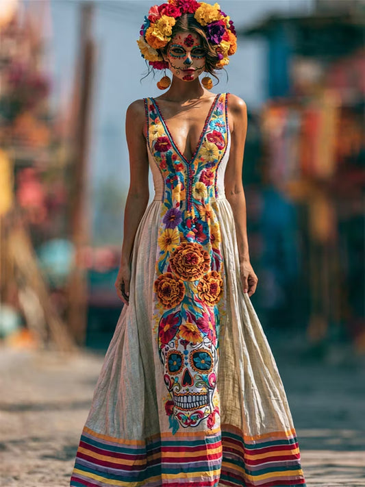 Women's Retro Floral Skull Holiday Cotton Linen V-neck Dress
