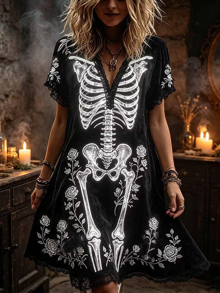 Elegant Halloween Glowing Skull And Rose Art Short-sleeved V-neck Dress