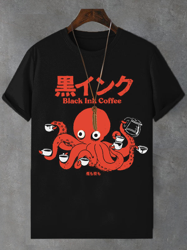 Men's Octopus Coffee Japanese Art Print Cotton Casual T-Shirt