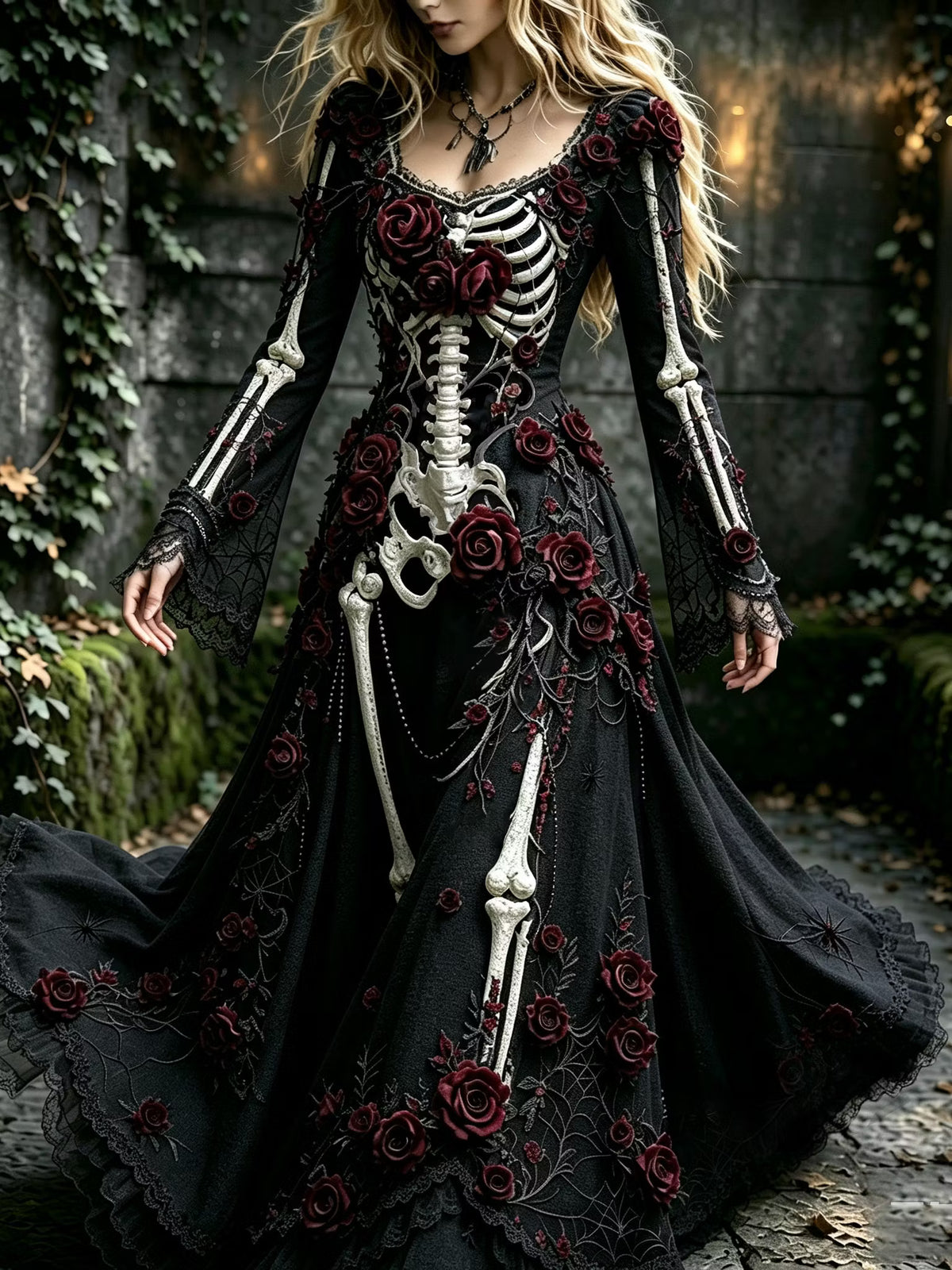 Women's Halloween Gothic Skeleton & Floral Long-sleeve Maxi Dress