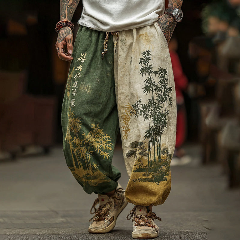 Men's Retro Plants Bamboo Calligraphy Japanese Art Print Loose Drawstring Waist Sweatpants