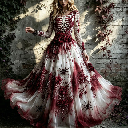 Women's Halloween-themed Human Skeleton Floral Embroidery Linen Blend Round Neck Long Sleeve Dress