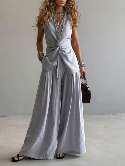 Casual Two-piece Set: Floral-print Linen & Cotton Top And Solid-color Trousers