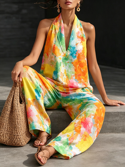 Artistic Watercolor Print Vacation Cotton-linen Two-piece Set