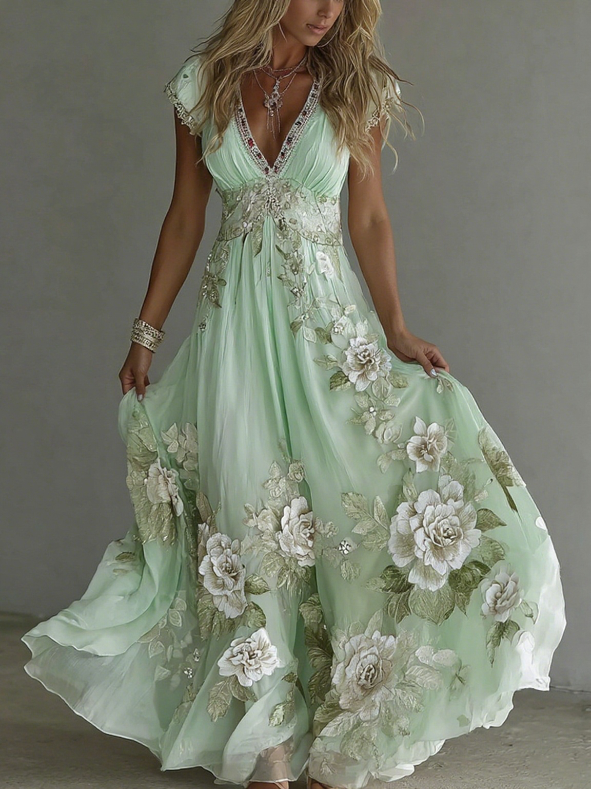 Women's Vintage Boho Floral Art  Short-sleeved Maxi Dress