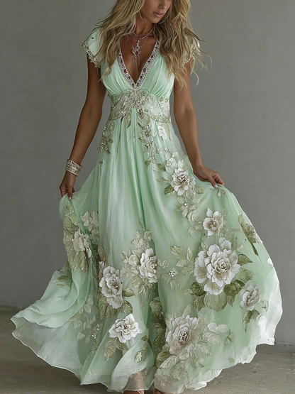 Women's Vintage Boho Floral Art  Short-sleeved Maxi Dress