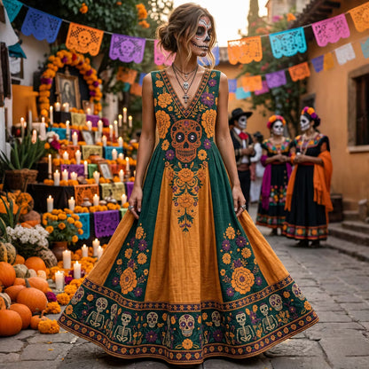 Women's Retro-style Color-blocked Floral Skull Print Cotton Linen V-neck Maxi Dress