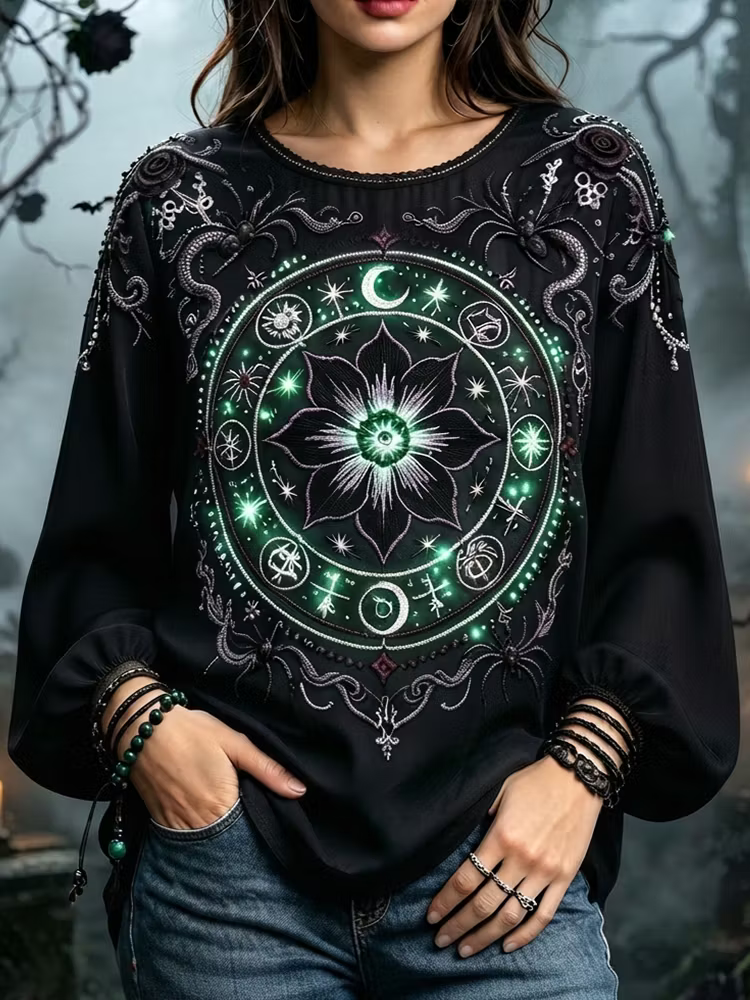 Women's Halloween Long-sleeved Shirt, Decorated With Gothic Starry Mandala And Spider Patterns.