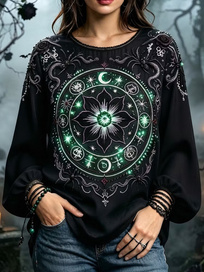 Women's Halloween Long-sleeved Shirt, Decorated With Gothic Starry Mandala And Spider Patterns.