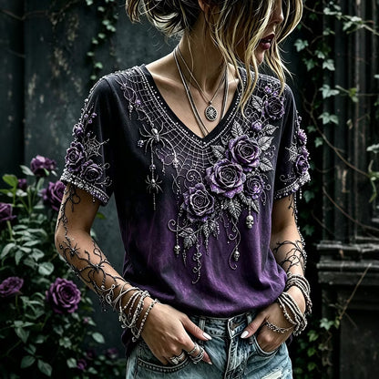 Women's Halloween Retro Skull Rose Spider V-neck Cotton Linen Short-sleeve T-shirt