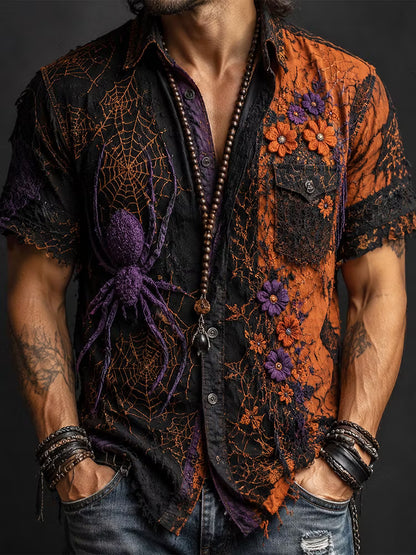 Men's Vintage Distressed Halloween Gothic Purple Spider Floral Embroidery Short Sleeve Button Up Shirt