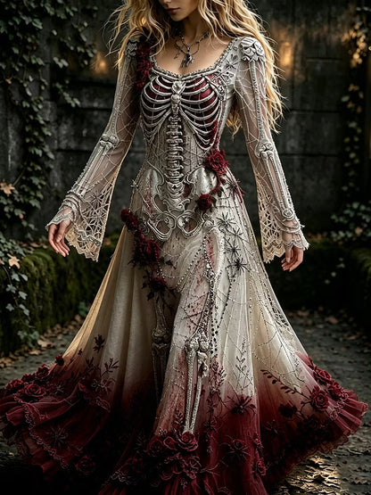 Women's Halloween Gothic Skeleton & Floral Long-sleeve Maxi Dress